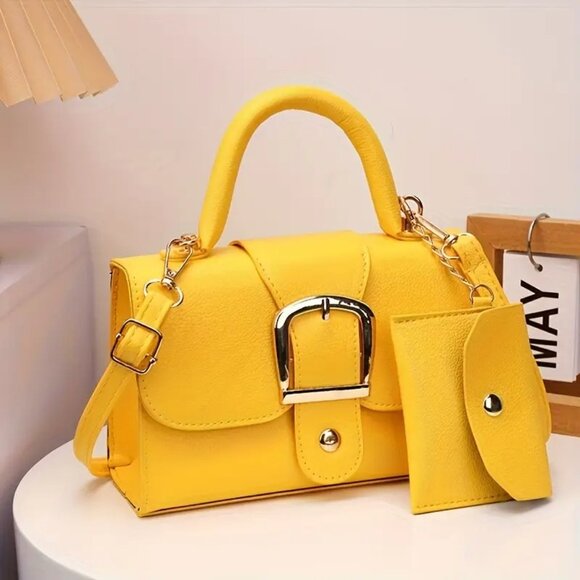 Handbags - Trendy Yellow Handbag Retro Style Buckle Purse w/ Detachable Mini Coin Purse